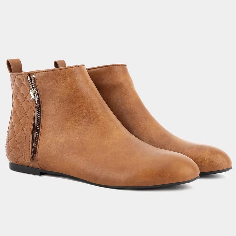 MaxMuxun Women's Ankle Boots Flat Low Heel Booties Ladies Quilted Fall Winter Fashion Boots with Side Zipper Camel Pu Size 6.5 - Image 5
